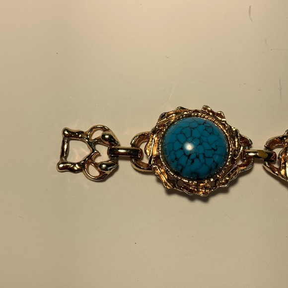 Faux Turquoise Link Bracelet Gold Tone Fold Over Clasp 7โ Bronze/Gold Tone VTG - Picture 11 of 13